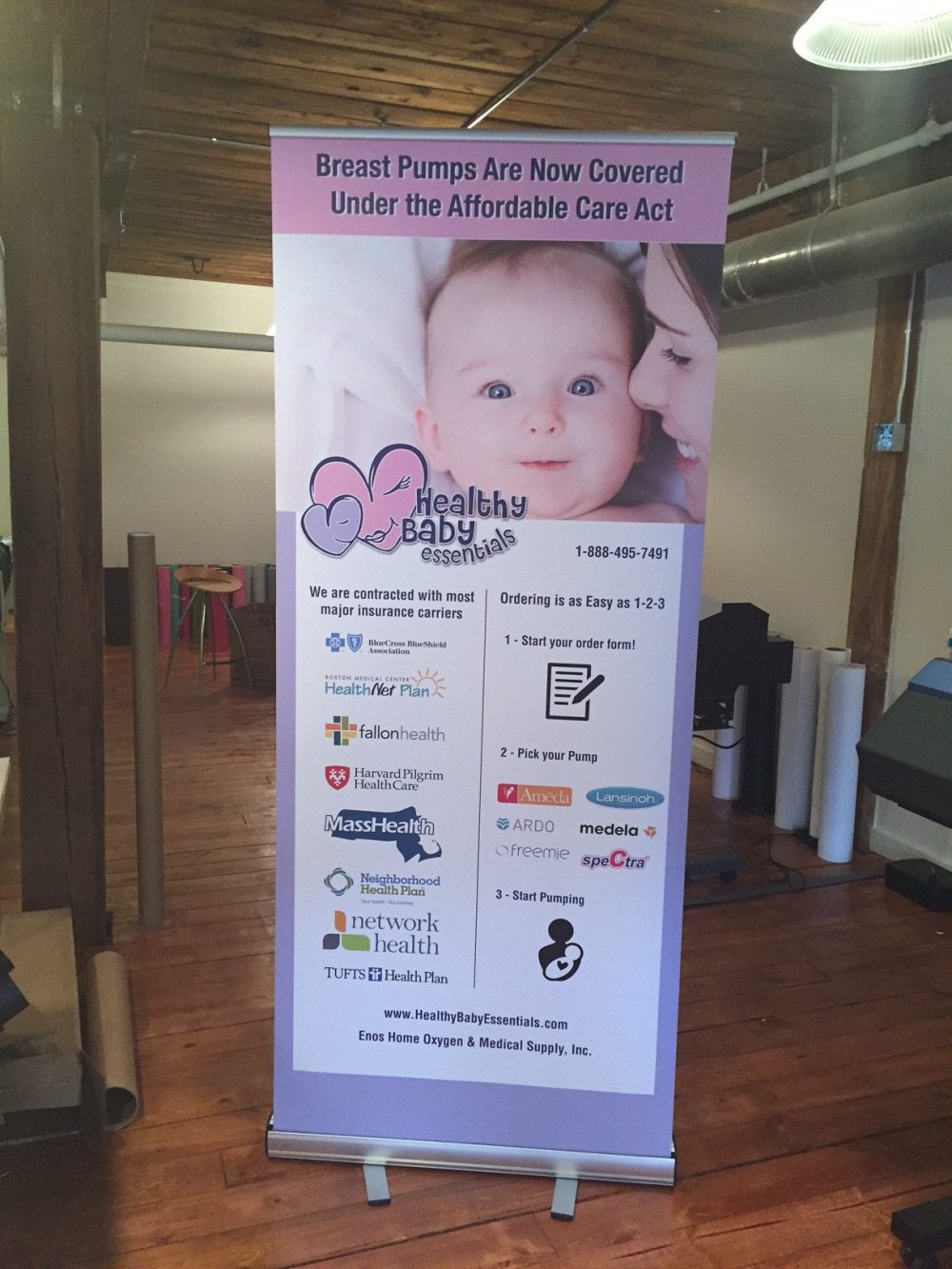 A retractable banner printed in-house, on the shop floor