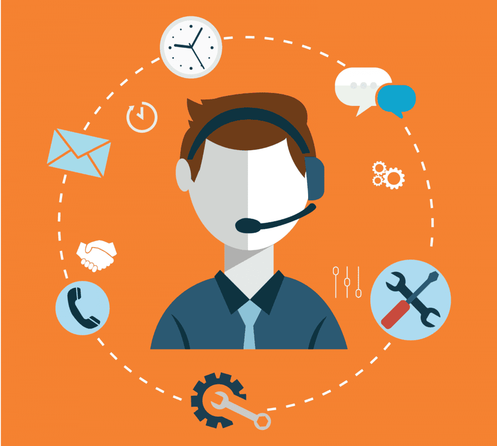 Flat illustration: a support agent in a headset ringed by phone, mail, clock and tool icons