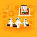 Flat illustration: tools and gears around a browser window