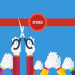 Flat illustration: a ribbon cut at an opening