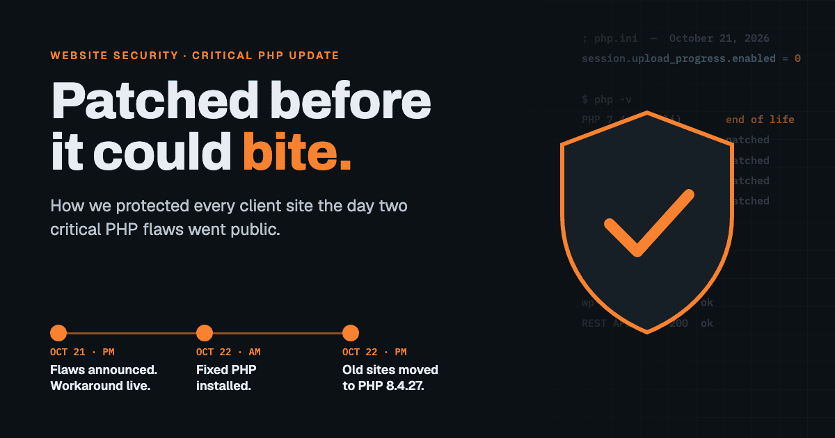 Lachance Design graphic: critical PHP security update, protected the same day and patched the next morning
